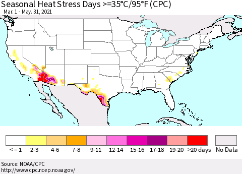 United States Seasonal Heat Stress Days >=35°C/95°F (CPC) Thematic Map For 3/1/2021 - 5/31/2021