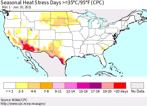 United States Seasonal Heat Stress Days >=35°C/95°F (CPC) Thematic Map For 3/1/2021 - 6/10/2021