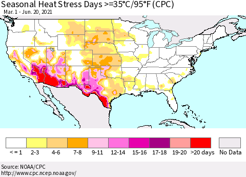 United States Seasonal Heat Stress Days >=35°C/95°F (CPC) Thematic Map For 3/1/2021 - 6/20/2021