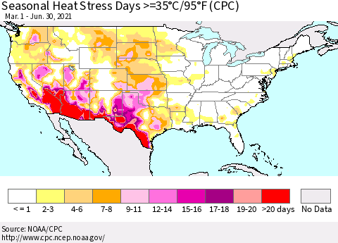 United States Seasonal Heat Stress Days >=35°C/95°F (CPC) Thematic Map For 3/1/2021 - 6/30/2021