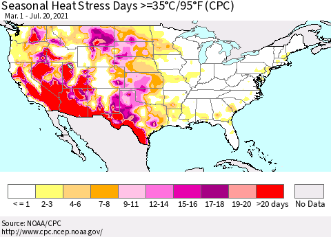 United States Seasonal Heat Stress Days >=35°C/95°F (CPC) Thematic Map For 3/1/2021 - 7/20/2021