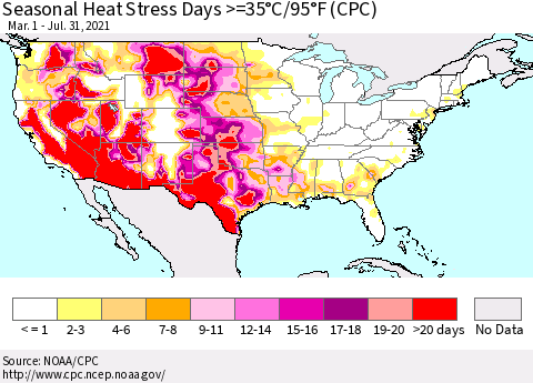 United States Seasonal Heat Stress Days >=35°C/95°F (CPC) Thematic Map For 3/1/2021 - 7/31/2021