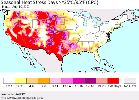 United States Seasonal Heat Stress Days >=35°C/95°F (CPC) Thematic Map For 3/1/2021 - 8/10/2021
