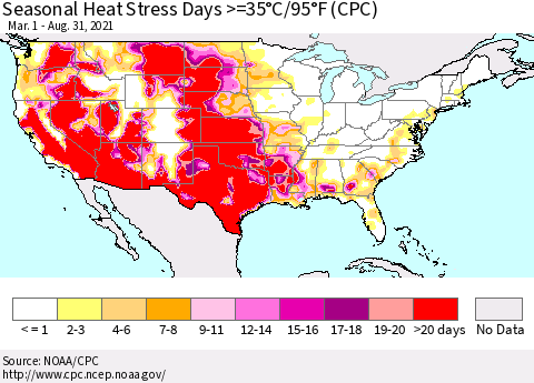 United States Seasonal Heat Stress Days >=35°C/95°F (CPC) Thematic Map For 3/1/2021 - 8/31/2021