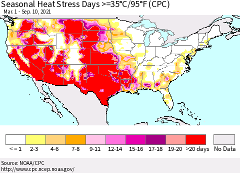 United States Seasonal Heat Stress Days >=35°C/95°F (CPC) Thematic Map For 3/1/2021 - 9/10/2021