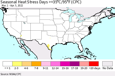 United States Seasonal Heat Stress Days >=35°C/95°F (CPC) Thematic Map For 3/1/2022 - 4/5/2022