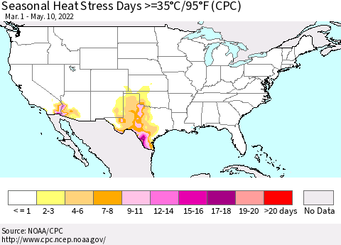 United States Seasonal Heat Stress Days >=35°C/95°F (CPC) Thematic Map For 3/1/2022 - 5/10/2022