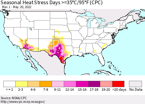 United States Seasonal Heat Stress Days >=35°C/95°F (CPC) Thematic Map For 3/1/2022 - 5/20/2022