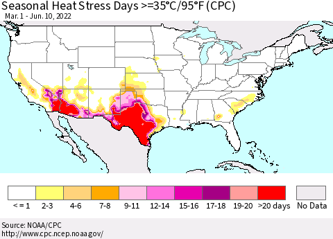 United States Seasonal Heat Stress Days >=35°C/95°F (CPC) Thematic Map For 3/1/2022 - 6/10/2022