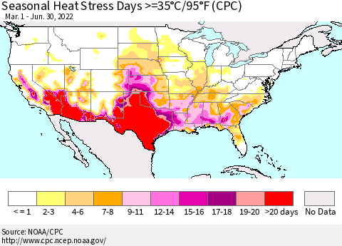 United States Seasonal Heat Stress Days >=35°C/95°F (CPC) Thematic Map For 3/1/2022 - 6/30/2022