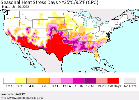 United States Seasonal Heat Stress Days >=35°C/95°F (CPC) Thematic Map For 3/1/2022 - 7/10/2022