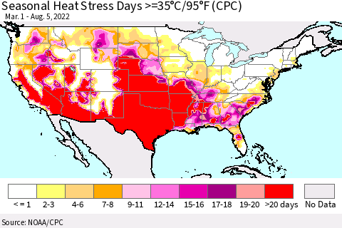 United States Seasonal Heat Stress Days >=35°C/95°F (CPC) Thematic Map For 3/1/2022 - 8/5/2022