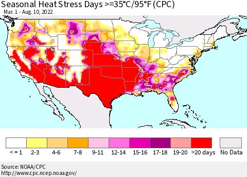 United States Seasonal Heat Stress Days >=35°C/95°F (CPC) Thematic Map For 3/1/2022 - 8/10/2022