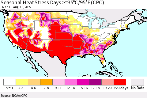 United States Seasonal Heat Stress Days >=35°C/95°F (CPC) Thematic Map For 3/1/2022 - 8/15/2022