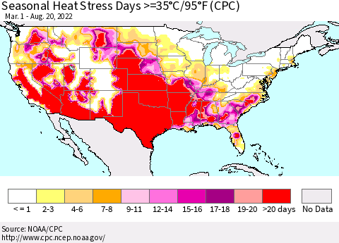 United States Seasonal Heat Stress Days >=35°C/95°F (CPC) Thematic Map For 3/1/2022 - 8/20/2022