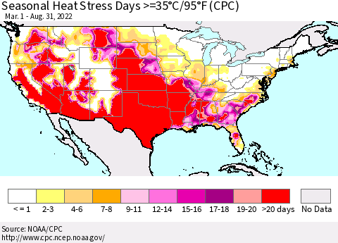 United States Seasonal Heat Stress Days >=35°C/95°F (CPC) Thematic Map For 3/1/2022 - 8/31/2022