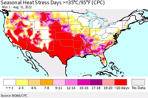 United States Seasonal Heat Stress Days >=35°C/95°F (CPC) Thematic Map For 3/1/2022 - 8/31/2022