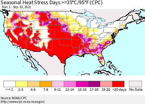 United States Seasonal Heat Stress Days >=35°C/95°F (CPC) Thematic Map For 3/1/2022 - 9/10/2022