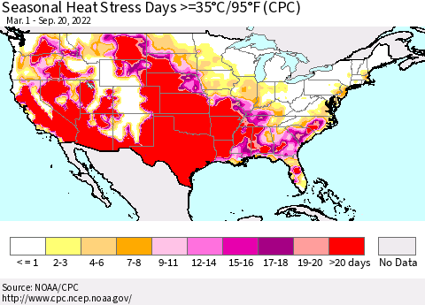 United States Seasonal Heat Stress Days >=35°C/95°F (CPC) Thematic Map For 3/1/2022 - 9/20/2022