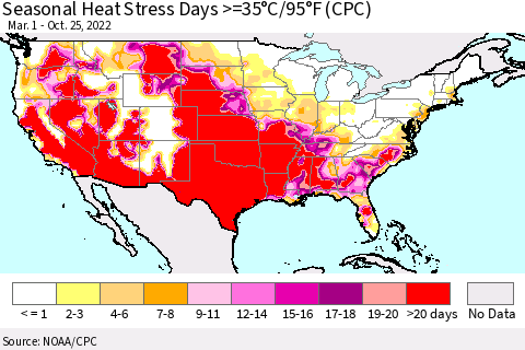 United States Seasonal Heat Stress Days >=35°C/95°F (CPC) Thematic Map For 3/1/2022 - 10/25/2022