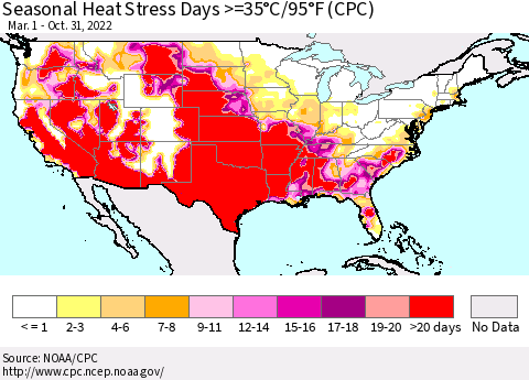 United States Seasonal Heat Stress Days >=35°C/95°F (CPC) Thematic Map For 3/1/2022 - 10/31/2022