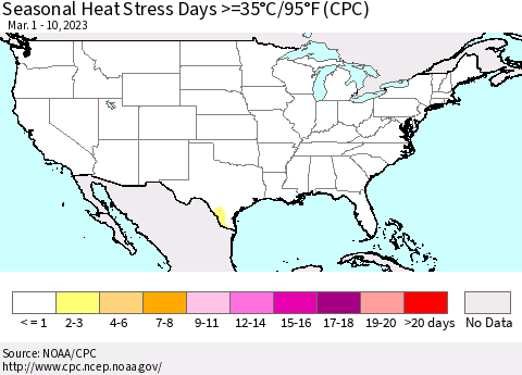 United States Seasonal Heat Stress Days >=35°C/95°F (CPC) Thematic Map For 3/1/2023 - 3/10/2023