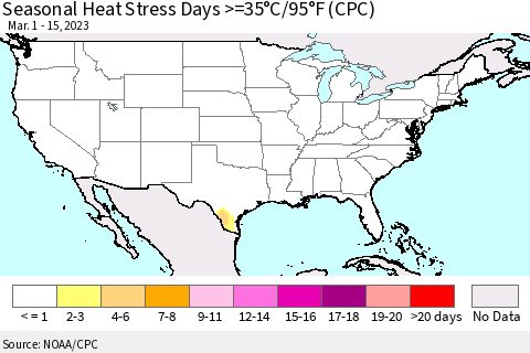 United States Seasonal Heat Stress Days >=35°C/95°F (CPC) Thematic Map For 3/1/2023 - 3/15/2023