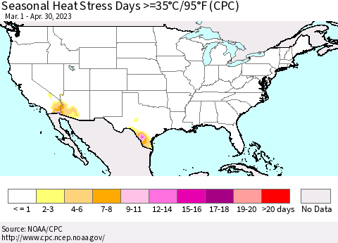 United States Seasonal Heat Stress Days >=35°C/95°F (CPC) Thematic Map For 3/1/2023 - 4/30/2023