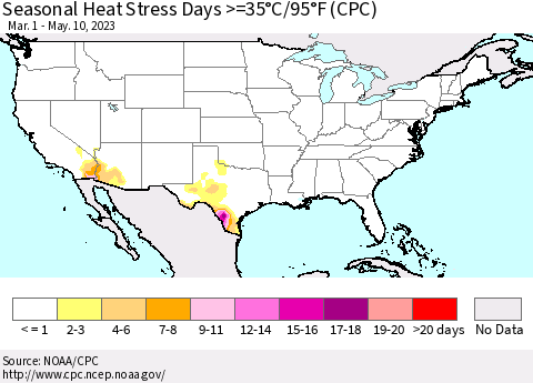 United States Seasonal Heat Stress Days >=35°C/95°F (CPC) Thematic Map For 3/1/2023 - 5/10/2023