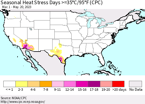 United States Seasonal Heat Stress Days >=35°C/95°F (CPC) Thematic Map For 3/1/2023 - 5/20/2023