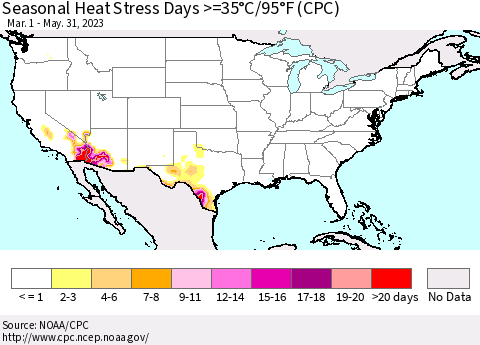 United States Seasonal Heat Stress Days >=35°C/95°F (CPC) Thematic Map For 3/1/2023 - 5/31/2023