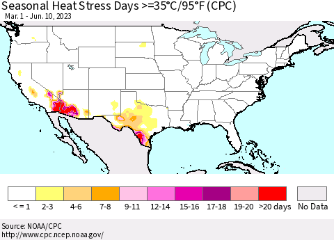 United States Seasonal Heat Stress Days >=35°C/95°F (CPC) Thematic Map For 3/1/2023 - 6/10/2023
