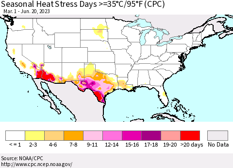 United States Seasonal Heat Stress Days >=35°C/95°F (CPC) Thematic Map For 3/1/2023 - 6/20/2023