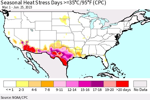 United States Seasonal Heat Stress Days >=35°C/95°F (CPC) Thematic Map For 3/1/2023 - 6/25/2023