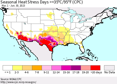 United States Seasonal Heat Stress Days >=35°C/95°F (CPC) Thematic Map For 3/1/2023 - 6/30/2023