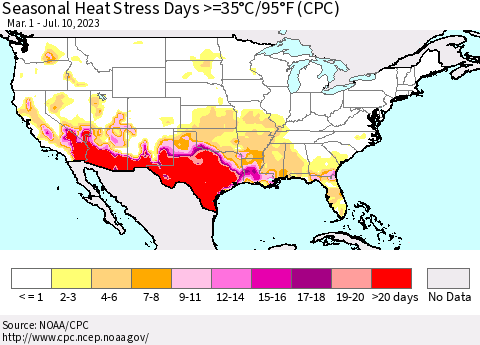 United States Seasonal Heat Stress Days >=35°C/95°F (CPC) Thematic Map For 3/1/2023 - 7/10/2023