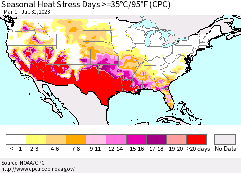 United States Seasonal Heat Stress Days >=35°C/95°F (CPC) Thematic Map For 3/1/2023 - 7/31/2023