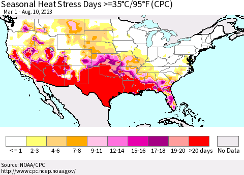 United States Seasonal Heat Stress Days >=35°C/95°F (CPC) Thematic Map For 3/1/2023 - 8/10/2023