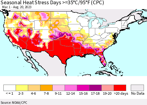United States Seasonal Heat Stress Days >=35°C/95°F (CPC) Thematic Map For 3/1/2023 - 8/20/2023