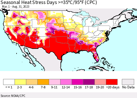 United States Seasonal Heat Stress Days >=35°C/95°F (CPC) Thematic Map For 3/1/2023 - 8/31/2023