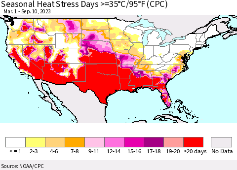 United States Seasonal Heat Stress Days >=35°C/95°F (CPC) Thematic Map For 3/1/2023 - 9/10/2023