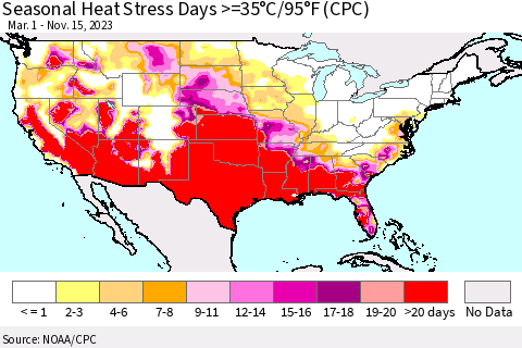 United States Seasonal Heat Stress Days >=35°C/95°F (CPC) Thematic Map For 3/1/2023 - 11/15/2023