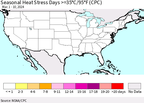 United States Seasonal Heat Stress Days >=35°C/95°F (CPC) Thematic Map For 3/1/2024 - 3/10/2024