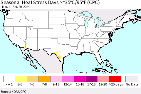 United States Seasonal Heat Stress Days >=35°C/95°F (CPC) Thematic Map For 3/1/2024 - 4/20/2024