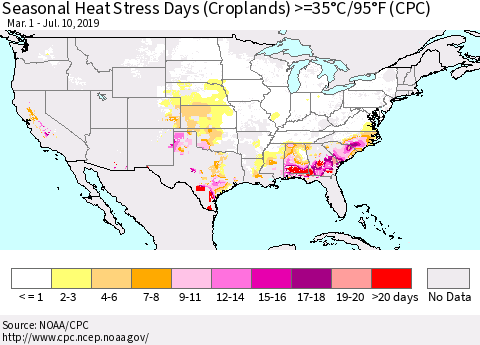 United States Seasonal Heat Stress Days (Croplands) >=35°C/95°F (CPC) Thematic Map For 3/1/2019 - 7/10/2019