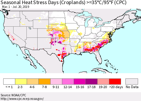 United States Seasonal Heat Stress Days (Croplands) >=35°C/95°F (CPC) Thematic Map For 3/1/2019 - 7/20/2019