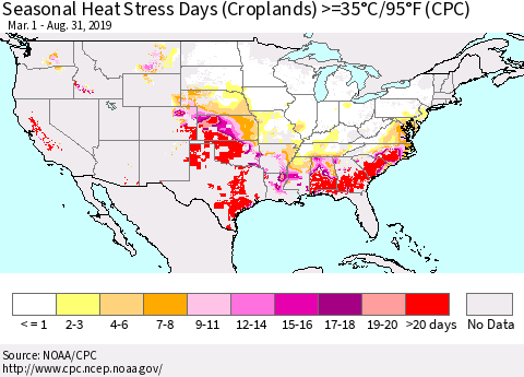 United States Seasonal Heat Stress Days (Croplands) >=35°C/95°F (CPC) Thematic Map For 3/1/2019 - 8/31/2019