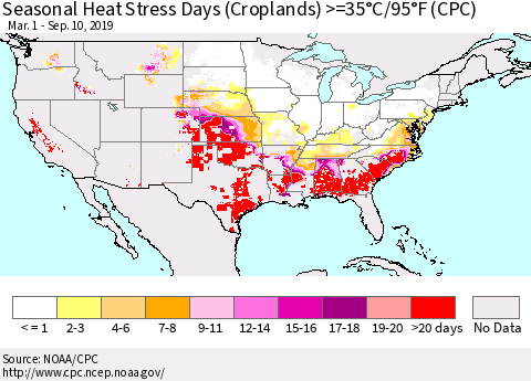 United States Seasonal Heat Stress Days (Croplands) >=35°C/95°F (CPC) Thematic Map For 3/1/2019 - 9/10/2019