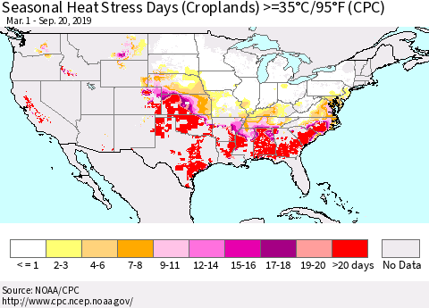 United States Seasonal Heat Stress Days (Croplands) >=35°C/95°F (CPC) Thematic Map For 3/1/2019 - 9/20/2019