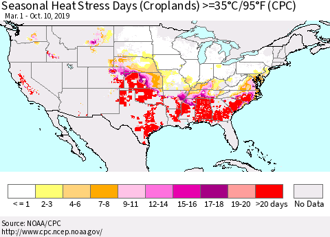 United States Seasonal Heat Stress Days (Croplands) >=35°C/95°F (CPC) Thematic Map For 3/1/2019 - 10/10/2019